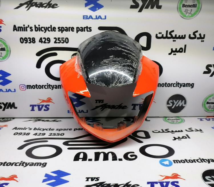 فلاپ کنسول چراغ جلو موتورسیکلت آپاچی طرح قدیم، رنگ بدنه نارنجی پرتقالی و طلق دودی تیره